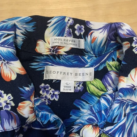 Geoffrey Beene Hawaiian Shirt Mens Large L Black & Blue Button Down Summer Shirt - Picture 4 of 8